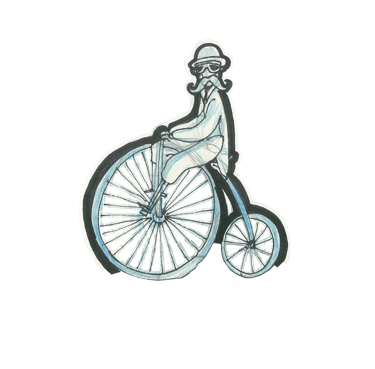 Vintage-style illustration of a man with a mustache riding a classic penny-farthing bicycle.