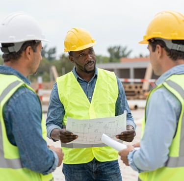 Photo of a smiling contractor reviewing blueprints with a team on a sunny construction site.
