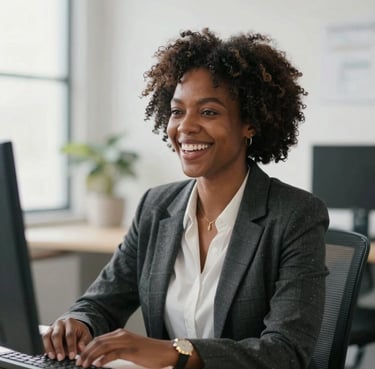 Smiling woman holding a phone showing the Core Care booking page.