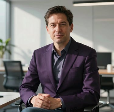 A professional portrait of a tech CEO in a deep midnight purple blazer, sitting in a bright, modern office with soft sunlight streaming in.