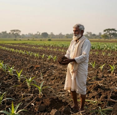 Wide panoramic shot of a sun-drenched multi-crop farm in Maharashtra at golden hour, a dignified Indian farmer standing in the field holding rich dark soil