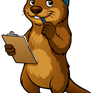 Ollie de mascotte van NextWave in Liedekerke met een pen en klembord.