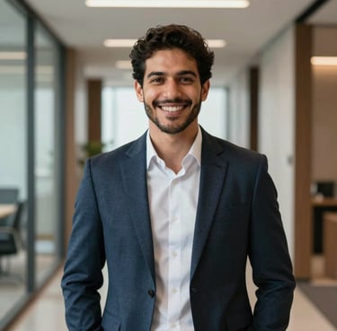 Portrait of a confident Brazilian business executive in professional attire, smiling in a modern office hallway.