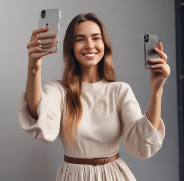 A happy customer wearing a stylish outfit from infinity penne, smiling outdoors.