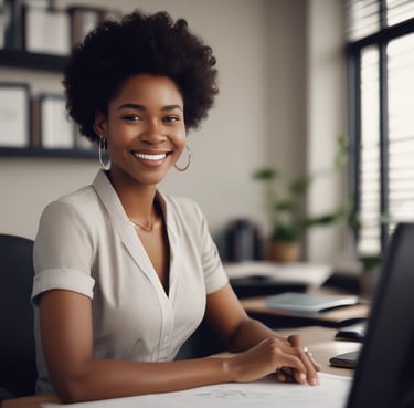 A confident African American woman in business attire reviewing documents at a sleek desk with dual monitors, bathed in warm professional light.