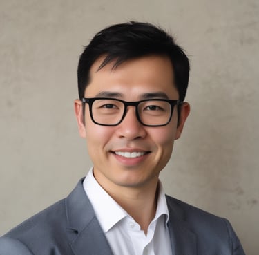 Professional businessman smiling confidently in a modern office setting.