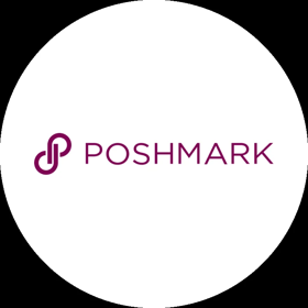 Official Poshmark logo featuring a burgundy interlocking P icon and brand name on a white circle background.