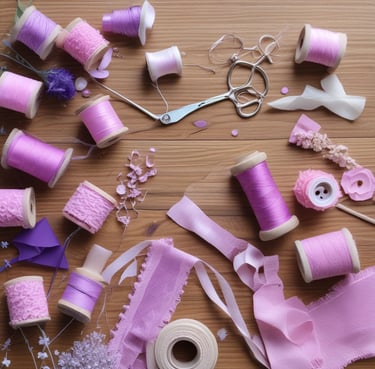 A flat lay of sewing and crafting materials includes pink and purple thread spools, delicate lace ri