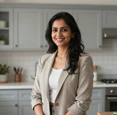 Portrait of a smiling professional woman in a modern South Asian / Indian home, standing in front of a beautifully designed light gray kitchen. High-quality lifestyle photography, natural lighting.