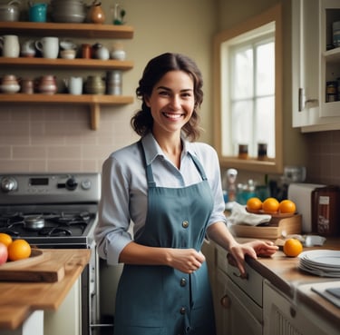 Smiling woman holding a clear aquamole water gallon in a bright kitchen.