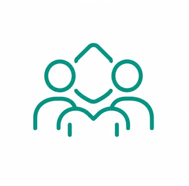A minimalist teal icon of a group of people symbolizing teamwork, community, and social connection.
