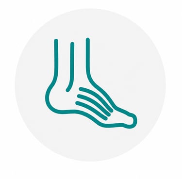 A teal human foot icon depicting podiatry care and orthopedic foot health inside a circle.