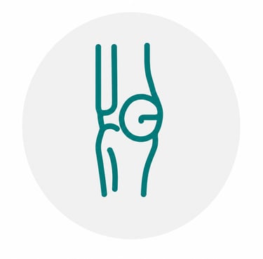 Minimalist teal line icon of a human knee joint showing anatomy for orthopedic health services.