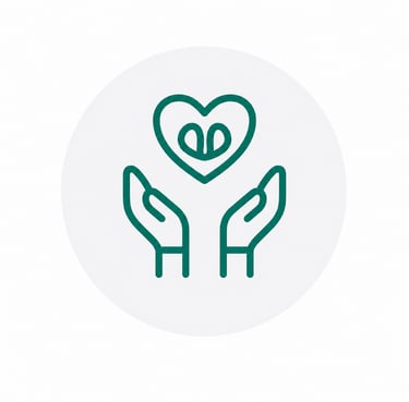 Green line icon of hands holding a heart with leaves representing healthcare and wellness.