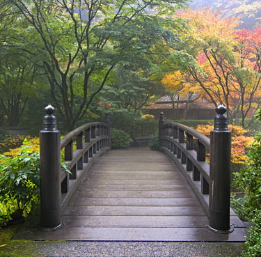 Een houten brug in een Japanse tuin, een uitnodiging tot verbinding.