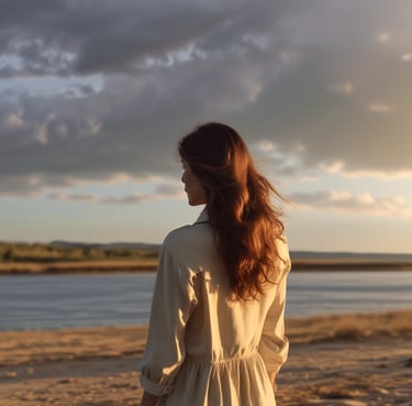 A woman smiling gently while reading a book in a cozy, sunlit room.