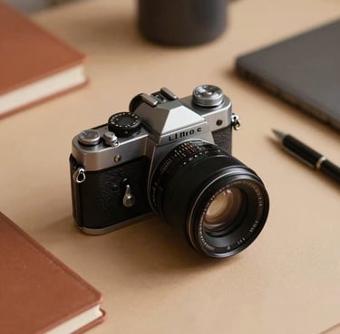 Spontaneous shot of a photographer's desk with a vintage camera, sand-colored surfaces, warm terracotta and charcoal stationery, cinematic lighting.