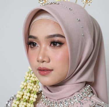 Close-up of a woman elegantly wearing a maroon handmade headscarf with gold accents.
