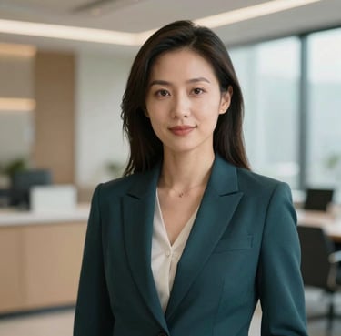 Portrait of a professional woman in a modern North American / Canadian business environment, wearing professional attire in deep charcoal teal, soft lighting.