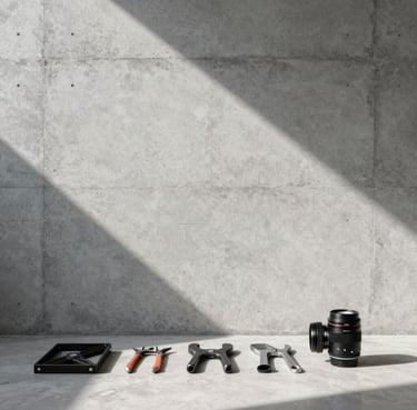 Straight-on architectural shot of a freshly painted modern concrete wall, sharp daylight casting clean geometric shadows, professional tools organized neatly on a clean floor.