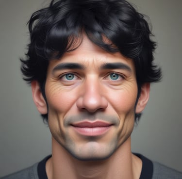A smiling middle-aged man standing in front of a modern apartment building, holding house keys.
