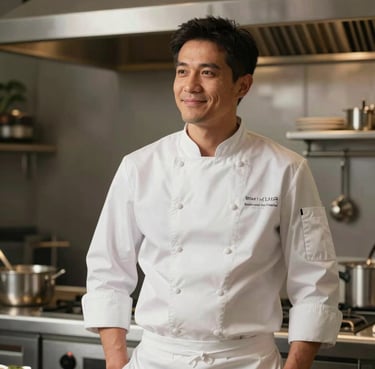 A professional chef in a clean white uniform standing in a modern Italian kitchen, looking satisfied. Warm, professional lighting.