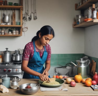 A cheerful woman in her kitchen holding a smart gadget, smiling with confidence.