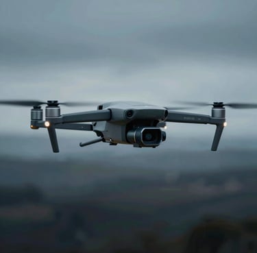A sleek, high-end professional drone hovering in mid-air over a dark, moody landscape. Cutting-edge, sophisticated. Incorporating #1B263B, #415A77, #A0B0C0, #E0E1DD.