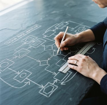 A focused close-up of hands sketching a structured workflow diagram on a clean slate table, architectural lines, bright natural daylight, cool slate and navy tones, sharp focus, 35mm