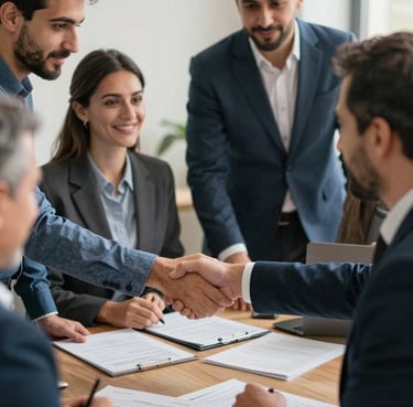 Professional photography of a diverse group of people in a Turkish / North American business setting, discussing documents over a table. Warm natural lighting, focus on a handshake, slate blue and navy blue accents in their attire.