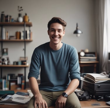 A smiling woman reading a digital tablet in a cozy home setting.