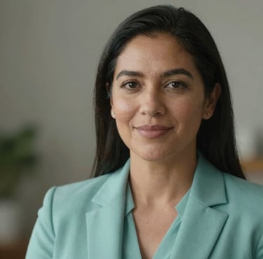A professional portrait of a Latin American woman with a calm expression, wearing professional attire in soft teal colors, looking directly at the camera with a gentle and empathetic smile, soft lighting.