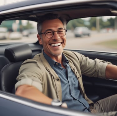 a man smiling inside his car