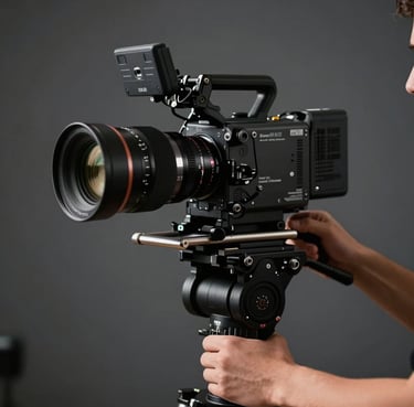 Cinematic close-up of a professional cinema camera lens on a gimbal, focus puller in action, dark studio background with soft gray lighting, minimalist and modern South American professional setting.