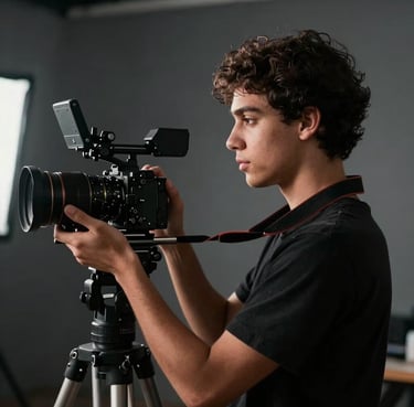Side profile of a young creative filmmaker with a camera, focused expression, cinematic backlight, dark gray and black tones, professional South American / Brazilian production environment.