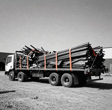 A loaded flatbed truck parked on a gritty industrial lot in Dallas, loaded with scrap metal and construction debris, harsh midday sun, safety orange tie-downs, high-contrast 35mm photography.
