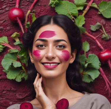 A happy woman gently applying a green beetroot face pack in a bright, cozy bathroom.