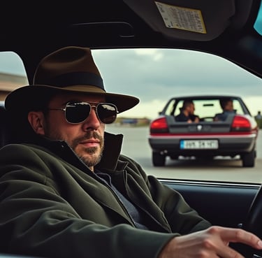 a man in a hat and sunglasses driving a car