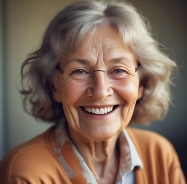 A smiling woman sharing her positive experience, looking satisfied and happy.