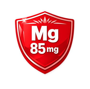 Red shield icon displaying Mg 85mg for magnesium dietary supplement dosage and immune protection.