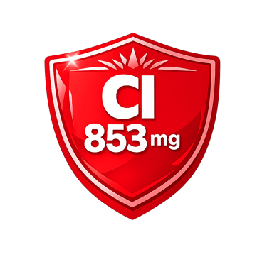 Red shield icon displaying Chloride CI 853 mg mineral supplement dosage on black background.