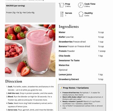 Berry Protein Blitz Smoothie recipe card with ingredients, macros, and directions for a healthy drink.