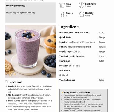 Recipe card for a blueberry muffin morning smoothie with ingredients, macros, and directions.