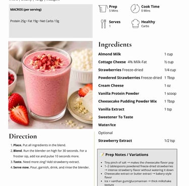 Recipe card for a low carb Cheesecake Velvet Shake Smoothie with a photo of a pink strawberry shake.