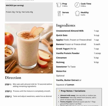 Cinna-Apple Pie Shake recipe featuring ingredients like almond milk, oats, and vanilla protein powder.