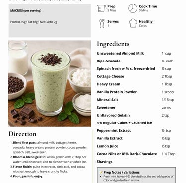 Mint chip mousse THM S smoothie recipe card with high protein ingredients and prep directions.