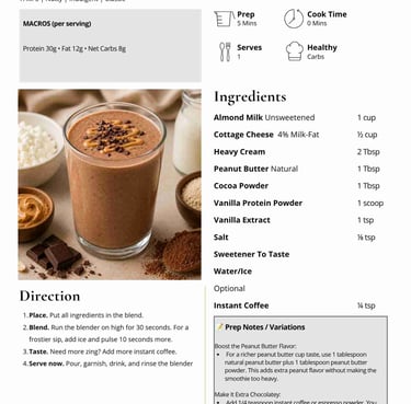 PB Dream Cup Smoothie recipe with peanut butter, cocoa powder, and cottage cheese ingredients.