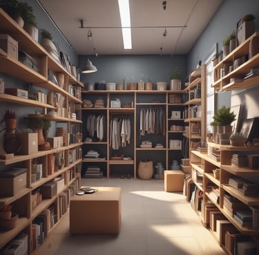 a room with a lot of shelves and shelves
