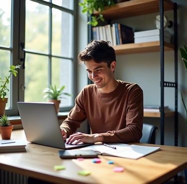 a man sitting at a desk with a laptop computer