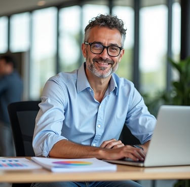 a man sitting at a desk with a laptop computer